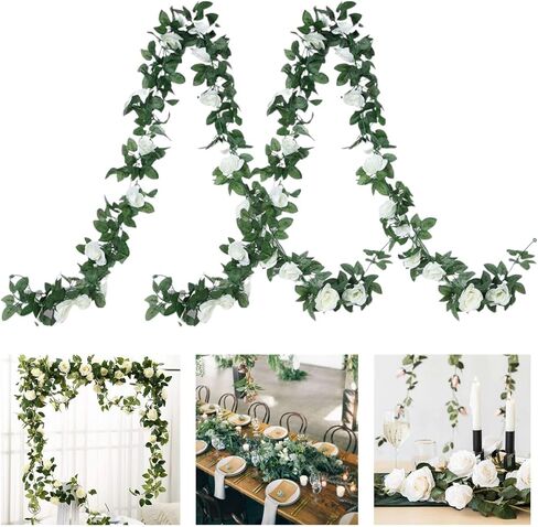 Gobograss Artificial White Rose Vines 2 pcs 12FT with 69 Flower Garland Fake Silk Flowers White Roses Hanging Floral Garland for Home Garden Wedding Birthday Decor in Saudi Arabia
