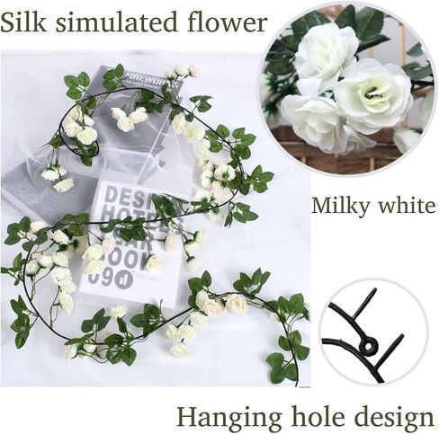 Gobograss Artificial White Rose Vines 2 pcs 12FT with 69 Flower Garland Fake Silk Flowers White Roses Hanging Floral Garland for Home Garden Wedding Birthday Decor in Saudi Arabia