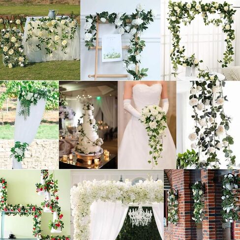 Gobograss Artificial White Rose Vines 2 pcs 12FT with 69 Flower Garland Fake Silk Flowers White Roses Hanging Floral Garland for Home Garden Wedding Birthday Decor in Saudi Arabia