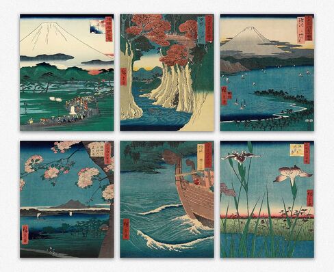 Japanese Wall Art - Set of 6 Blue Woodblock Trendy Home Decor/Famous Bedroom Decor & Living Room Art Blue Themed Wall Decor/Japan Art Style Office Decor, Cool Stuff Gifts for New Home Design (8 x 10) in Saudi Arabia