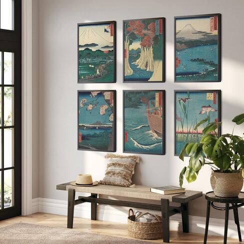 Japanese Wall Art - Set of 6 Blue Woodblock Trendy Home Decor/Famous Bedroom Decor & Living Room Art Blue Themed Wall Decor/Japan Art Style Office Decor, Cool Stuff Gifts for New Home Design (8 x 10) in Saudi Arabia