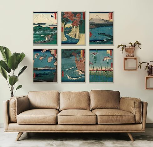 Japanese Wall Art - Set of 6 Blue Woodblock Trendy Home Decor/Famous Bedroom Decor & Living Room Art Blue Themed Wall Decor/Japan Art Style Office Decor, Cool Stuff Gifts for New Home Design (8 x 10) in Saudi Arabia