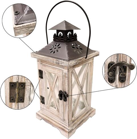 Vintage Wooden Decorative Lantern Candle Holder Rustic Farmhouse Wedding Centerpiece Lantern for Table Mantle Wall Hanging Display Party Home Decor Indoor Outdoor X'mas (Style 1) in Saudi Arabia