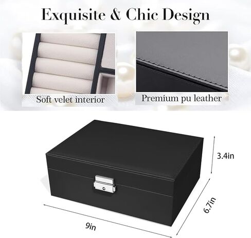 OURVER Travel Jewelry Box, PU Leather Small Jewelry Organizer for Women Girls, Double Layer Portable with Lock Display Storage Holder Boxes for Stud Earrings, Rings, Necklaces, Bracelets, Black in Saudi Arabia