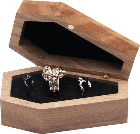 الجوز الخشب التابوت على شكل حلقة صندوق حامل 3 فتحات ل القوطية هالوين حفل الزفاف القوطية مجوهرات المنظم الديكور in Kuwait