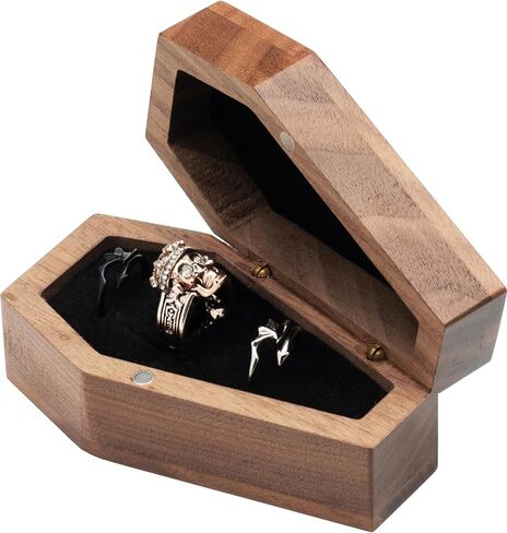 الجوز الخشب التابوت على شكل حلقة صندوق حامل 3 فتحات ل القوطية هالوين حفل الزفاف القوطية مجوهرات المنظم الديكور in Kuwait