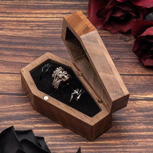 الجوز الخشب التابوت على شكل حلقة صندوق حامل 3 فتحات ل القوطية هالوين حفل الزفاف القوطية مجوهرات المنظم الديكور in Kuwait