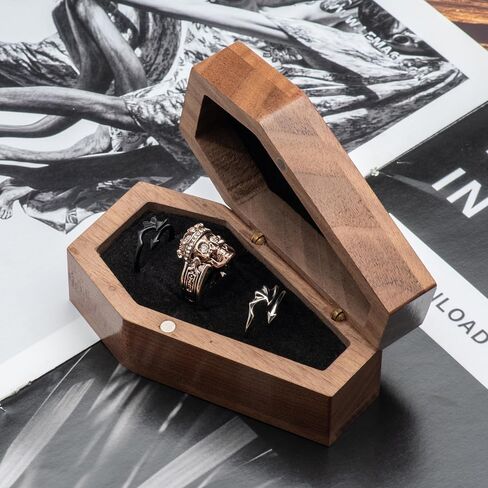 الجوز الخشب التابوت على شكل حلقة صندوق حامل 3 فتحات ل القوطية هالوين حفل الزفاف القوطية مجوهرات المنظم الديكور in Kuwait