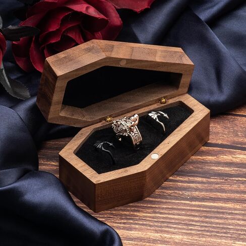 الجوز الخشب التابوت على شكل حلقة صندوق حامل 3 فتحات ل القوطية هالوين حفل الزفاف القوطية مجوهرات المنظم الديكور in Kuwait