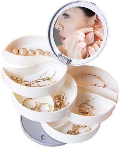 حقيبة تخزين مجوهرات دوارة صغيرة لتنظيم المجوهرات، حامل أقراط صندوق تخزين مجوهرات مرآة للنساء، علبة مجوهرات دوارة للسفر مكونة من 4 طبقات مع غطاء لقلائد الأقراط in Kuwait