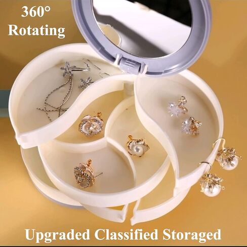 حقيبة تخزين مجوهرات دوارة صغيرة لتنظيم المجوهرات، حامل أقراط صندوق تخزين مجوهرات مرآة للنساء، علبة مجوهرات دوارة للسفر مكونة من 4 طبقات مع غطاء لقلائد الأقراط in Kuwait