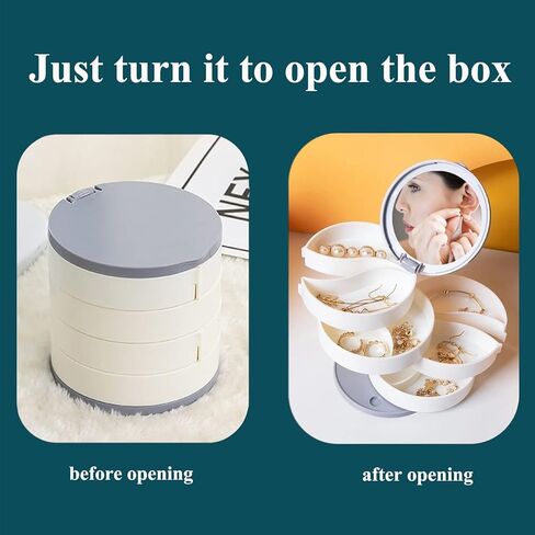 حقيبة تخزين مجوهرات دوارة صغيرة لتنظيم المجوهرات، حامل أقراط صندوق تخزين مجوهرات مرآة للنساء، علبة مجوهرات دوارة للسفر مكونة من 4 طبقات مع غطاء لقلائد الأقراط in Kuwait