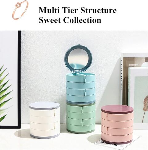 حقيبة تخزين مجوهرات دوارة صغيرة لتنظيم المجوهرات، حامل أقراط صندوق تخزين مجوهرات مرآة للنساء، علبة مجوهرات دوارة للسفر مكونة من 4 طبقات مع غطاء لقلائد الأقراط in Kuwait