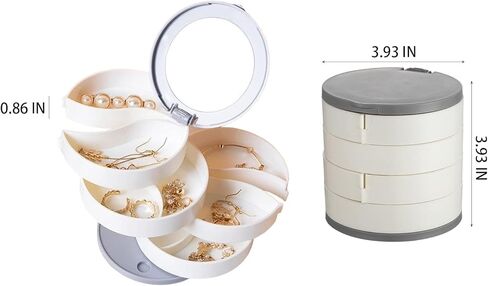 حقيبة تخزين مجوهرات دوارة صغيرة لتنظيم المجوهرات، حامل أقراط صندوق تخزين مجوهرات مرآة للنساء، علبة مجوهرات دوارة للسفر مكونة من 4 طبقات مع غطاء لقلائد الأقراط in Kuwait