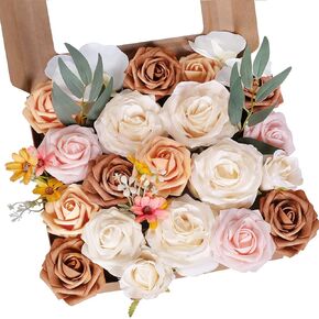 Artificial Flowers Combo Box Set, Faux Flowers with Stems for DIY Wedding Bouquet Bridal Shower Decorations Fake Rose Floral Arrangements Centerpieces for Table Home Decor Indoor (Champagne & Pink)
