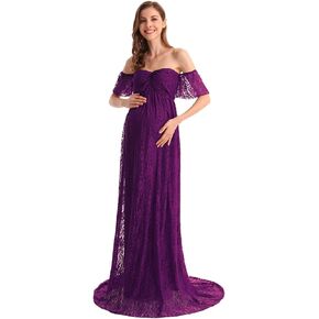 MYRISAM Women Bohemian Maternity Off Shoulder Ruffle Sleeve Lace Wedding Dress Photography Maxi Baby Shower Photoshoot Gown