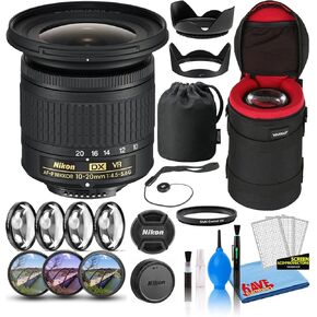 عدسة Nikon AF-P DX NIKKOR مقاس 10-20 مم f/4.5-5.6G VR (20067) مع حافظة عدسة مبطنة + طقم مرشح ماكرو + فلاتر عدسات UV وCPL وFL + غطاء توليب + حافظة غطاء العدسة + مجموعة تنظيف (متجددة) in Saudi Arabia