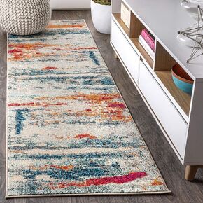 JONATHAN Y CTP102C-28 Contemporary POP Modern Abstract Brushstroke Indoor Area-Rug Bohemian Easy-Cleaning High Traffic Bedroom Kitchen Living Room Non Shedding, 2 ft x 8 ft, Cream/Blue in Kuwait
