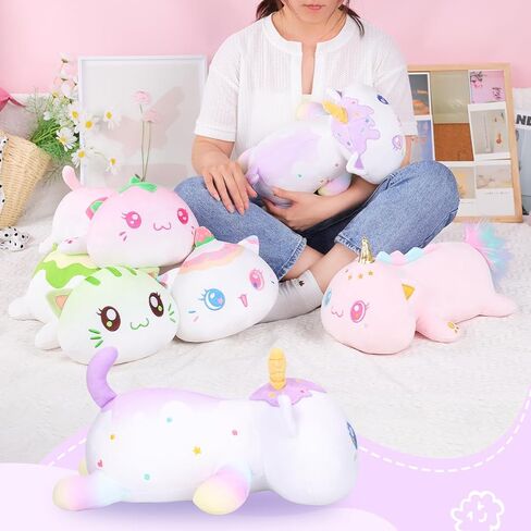 AIXINI Cute Strawberry Cat Plush Pillow 13.7" Pink Kitten Stuffed Animal, Soft Kawaii Cat Plushie Gift for Kids in Kuwait