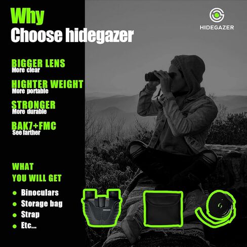 HIDEGAZER 10x25 High Powered Binoculars for Adults and Kids - Easy Focus Compact Binoculars for Bird Watching - Large View Binoculars with Low Light Vision for Travel,Camping,Hunting,Hiking,Outdoor in Kuwait