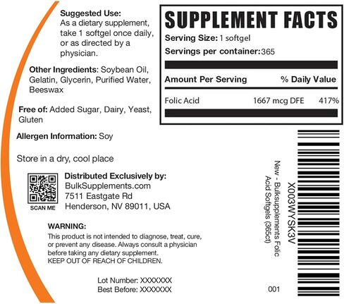 BULKSUPPLEMENTS.COM حمض الفوليك 1000 ميكروغرام - كبسولات هلامية حمض الفوليك، فيتامين ب9، مكمل حمض الفوليك - فيتامينات ما قبل الولادة لحمض الفوليك، مكمل حمض الفوليك، 1 كبسولة هلامية لكل وجبة، 120 كبسولة هلامية in Saudi Arabia