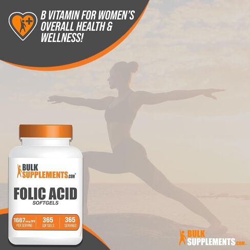 BULKSUPPLEMENTS.COM حمض الفوليك 1000 ميكروغرام - كبسولات هلامية حمض الفوليك، فيتامين ب9، مكمل حمض الفوليك - فيتامينات ما قبل الولادة لحمض الفوليك، مكمل حمض الفوليك، 1 كبسولة هلامية لكل وجبة، 120 كبسولة هلامية in Saudi Arabia