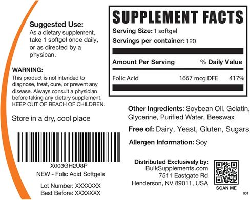 BULKSUPPLEMENTS.COM حمض الفوليك 1000 ميكروغرام - كبسولات هلامية حمض الفوليك، فيتامين ب9، مكمل حمض الفوليك - فيتامينات ما قبل الولادة لحمض الفوليك، مكمل حمض الفوليك، 1 كبسولة هلامية لكل وجبة، 120 كبسولة هلامية in Saudi Arabia