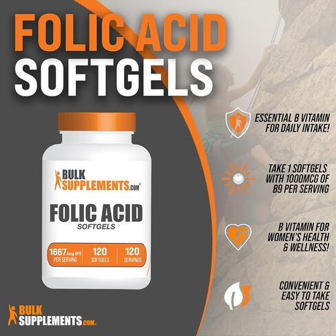 BULKSUPPLEMENTS.COM حمض الفوليك 1000 ميكروغرام - كبسولات هلامية حمض الفوليك، فيتامين ب9، مكمل حمض الفوليك - فيتامينات ما قبل الولادة لحمض الفوليك، مكمل حمض الفوليك، 1 كبسولة هلامية لكل وجبة، 120 كبسولة هلامية in Saudi Arabia