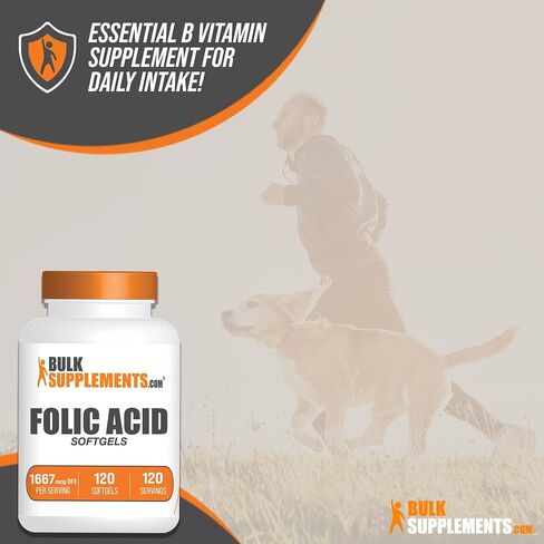 BULKSUPPLEMENTS.COM حمض الفوليك 1000 ميكروغرام - كبسولات هلامية حمض الفوليك، فيتامين ب9، مكمل حمض الفوليك - فيتامينات ما قبل الولادة لحمض الفوليك، مكمل حمض الفوليك، 1 كبسولة هلامية لكل وجبة، 120 كبسولة هلامية in Saudi Arabia