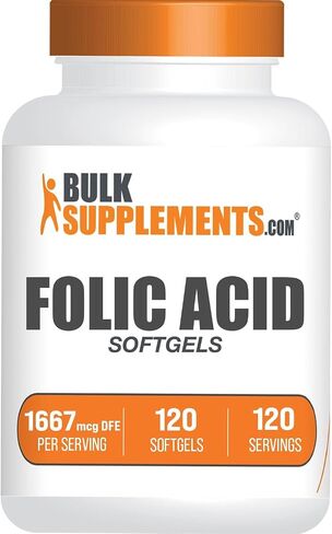 BULKSUPPLEMENTS.COM حمض الفوليك 1000 ميكروغرام - كبسولات هلامية حمض الفوليك، فيتامين ب9، مكمل حمض الفوليك - فيتامينات ما قبل الولادة لحمض الفوليك، مكمل حمض الفوليك، 1 كبسولة هلامية لكل وجبة، 120 كبسولة هلامية in Saudi Arabia