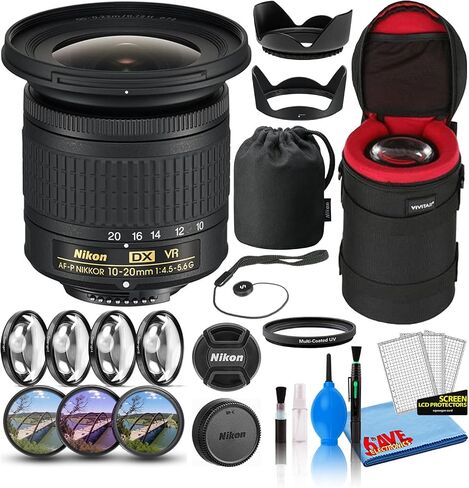 عدسة Nikon AF-P DX NIKKOR مقاس 10-20 مم f/4.5-5.6G VR (20067) مع حافظة عدسة مبطنة + طقم مرشح ماكرو + فلاتر عدسات UV وCPL وFL + غطاء توليب + حافظة غطاء العدسة + مجموعة تنظيف (متجددة) in Kuwait