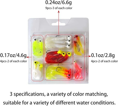 مجموعة طعوم صيد ناعمة مكونة من 17 قطعة، مجموعة خطافات راس كرابي جيغز من البلاستيك الناعم، طعم ذيل دودي، طعوم انبوبية رائحة، طعوم عيون ثلاثية الابعاد لسمك السلمون المرقط والسلمون المرقط والبلوجيل in Kuwait