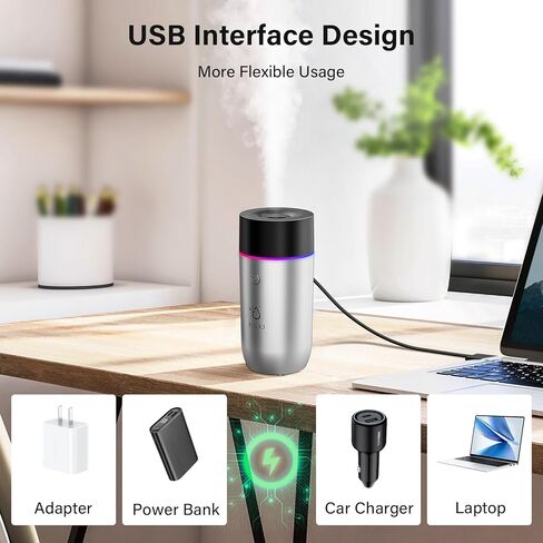KQLKJ Portable Small Cool Mist Humidifiers, 200ML Quiet Mini Car Humidifier, 2 Mist Modes & Colorful Night Light - USB Personal Desktop Humidifier for Car, Travel, Plants, Office, Baby Room (Grey) in Saudi Arabia