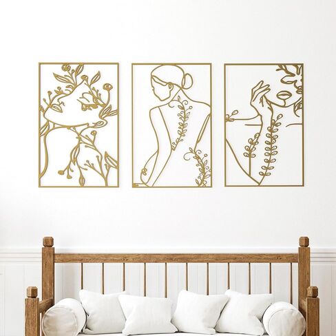 ديكور حائط تجريدي بسيط - مجموعة من 3 قطع ذهبية بسيطة على شكل جسم انثى بخط واحد باطار معدني، منحوتات انثوية جمالية عصرية لغرفة النوم والحمام، منحوتات تجريدية للمنزل in Kuwait