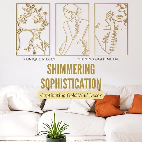 ديكور حائط تجريدي بسيط - مجموعة من 3 قطع ذهبية بسيطة على شكل جسم انثى بخط واحد باطار معدني، منحوتات انثوية جمالية عصرية لغرفة النوم والحمام، منحوتات تجريدية للمنزل in Kuwait