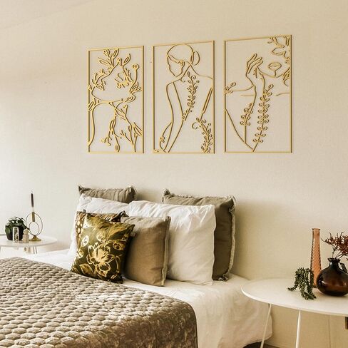 ديكور حائط تجريدي بسيط - مجموعة من 3 قطع ذهبية بسيطة على شكل جسم انثى بخط واحد باطار معدني، منحوتات انثوية جمالية عصرية لغرفة النوم والحمام، منحوتات تجريدية للمنزل in Kuwait
