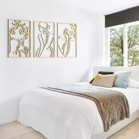 ديكور حائط تجريدي بسيط - مجموعة من 3 قطع ذهبية بسيطة على شكل جسم انثى بخط واحد باطار معدني، منحوتات انثوية جمالية عصرية لغرفة النوم والحمام، منحوتات تجريدية للمنزل in Kuwait