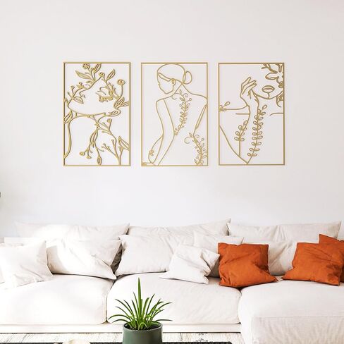 ديكور حائط تجريدي بسيط - مجموعة من 3 قطع ذهبية بسيطة على شكل جسم انثى بخط واحد باطار معدني، منحوتات انثوية جمالية عصرية لغرفة النوم والحمام، منحوتات تجريدية للمنزل in Kuwait