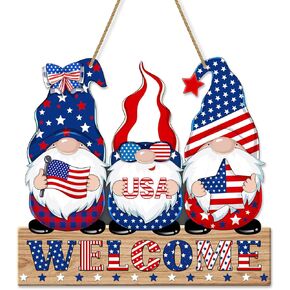 4th of July Welcome Sign Decorations Patriotic Gnomes Wooden Signs Star American Flag Large Hanging Decor for Independence Day Party Memorial Day Outdoor Home Front Door Window Wall Porch Ornament in Kuwait