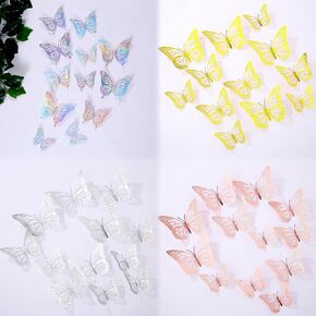 3D Butterfly Wall Decor 48 Pcs 4 Colors 3 Sizes,Gold Silver Laser Rose Butterfly Decorations for Butterfly Birthday Decorations Butterfly Party Decorations Cake Decorations,Removable Sticker