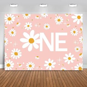 Mocsicka Retro Daisy First Birthday Backdrop Boho Daisy Birthday Background Bohomian Daisy Floral Groovy 1st Birthday Party Decor Cake Table Portrait Photoshoot Studio Props (Green, 7x5ft)