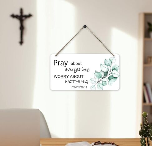 Inspirational Sign,Positive Wooden Hanging Wall Sign,Pray about Everything Worry about Nothing Sign,Decoration for Home Front Door Living Room Office,5.1x10 inches in Kuwait