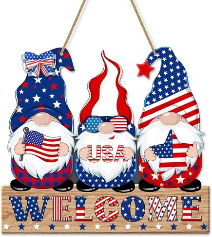 4th of July Welcome Sign Decorations Patriotic Gnomes Wooden Signs Star American Flag Large Hanging Decor for Independence Day Party Memorial Day Outdoor Home Front Door Window Wall Porch Ornament in Kuwait