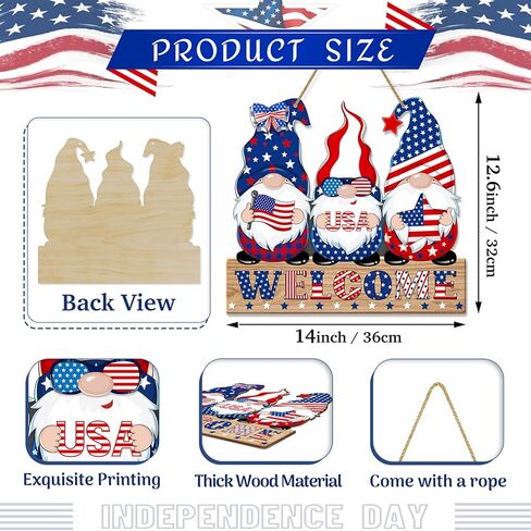 4th of July Welcome Sign Decorations Patriotic Gnomes Wooden Signs Star American Flag Large Hanging Decor for Independence Day Party Memorial Day Outdoor Home Front Door Window Wall Porch Ornament in Kuwait