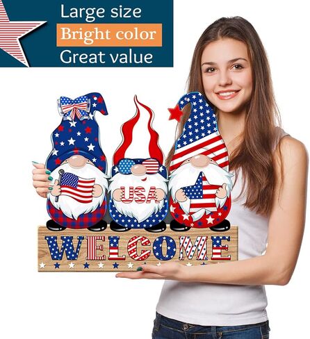 4th of July Welcome Sign Decorations Patriotic Gnomes Wooden Signs Star American Flag Large Hanging Decor for Independence Day Party Memorial Day Outdoor Home Front Door Window Wall Porch Ornament in Kuwait