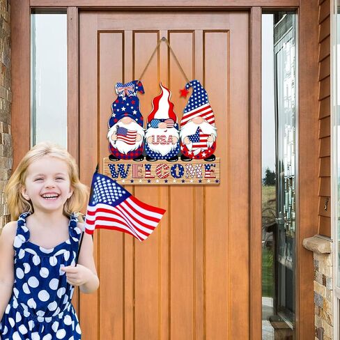 4th of July Welcome Sign Decorations Patriotic Gnomes Wooden Signs Star American Flag Large Hanging Decor for Independence Day Party Memorial Day Outdoor Home Front Door Window Wall Porch Ornament in Kuwait