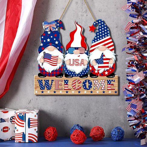 4th of July Welcome Sign Decorations Patriotic Gnomes Wooden Signs Star American Flag Large Hanging Decor for Independence Day Party Memorial Day Outdoor Home Front Door Window Wall Porch Ornament in Kuwait