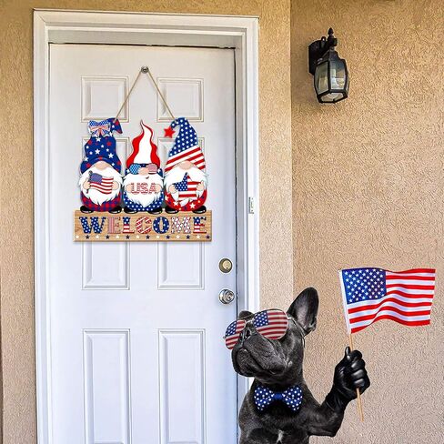 4th of July Welcome Sign Decorations Patriotic Gnomes Wooden Signs Star American Flag Large Hanging Decor for Independence Day Party Memorial Day Outdoor Home Front Door Window Wall Porch Ornament in Kuwait