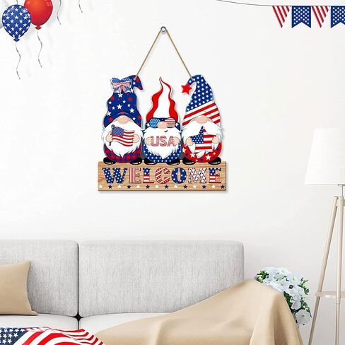 4th of July Welcome Sign Decorations Patriotic Gnomes Wooden Signs Star American Flag Large Hanging Decor for Independence Day Party Memorial Day Outdoor Home Front Door Window Wall Porch Ornament in Kuwait
