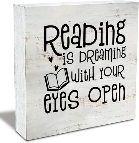 Rustic Reading Quote Wood Box Sign Bookshelf Wooden Box Sign Farmhouse Home Desk Shelf Decor for Bookworm Booklover (5 X 5 Inch) in Saudi Arabia